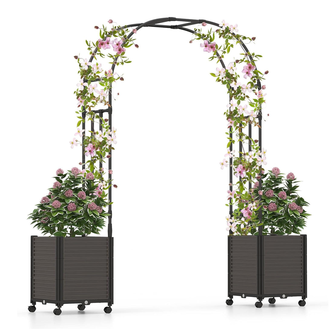 Elegant black garden arch trellis with climbing plants and built-in flower planters, ideal for weddings and outdoor decor.