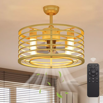 Garvee 18in Caged Ceiling Fan With Light, Ceiling Fan Low Profile th Remote Control and Reversible Fan Blades, Industrial Farmhouse Fan Lights Ceiling Fixtures For Kitchen Bedroom, Gold