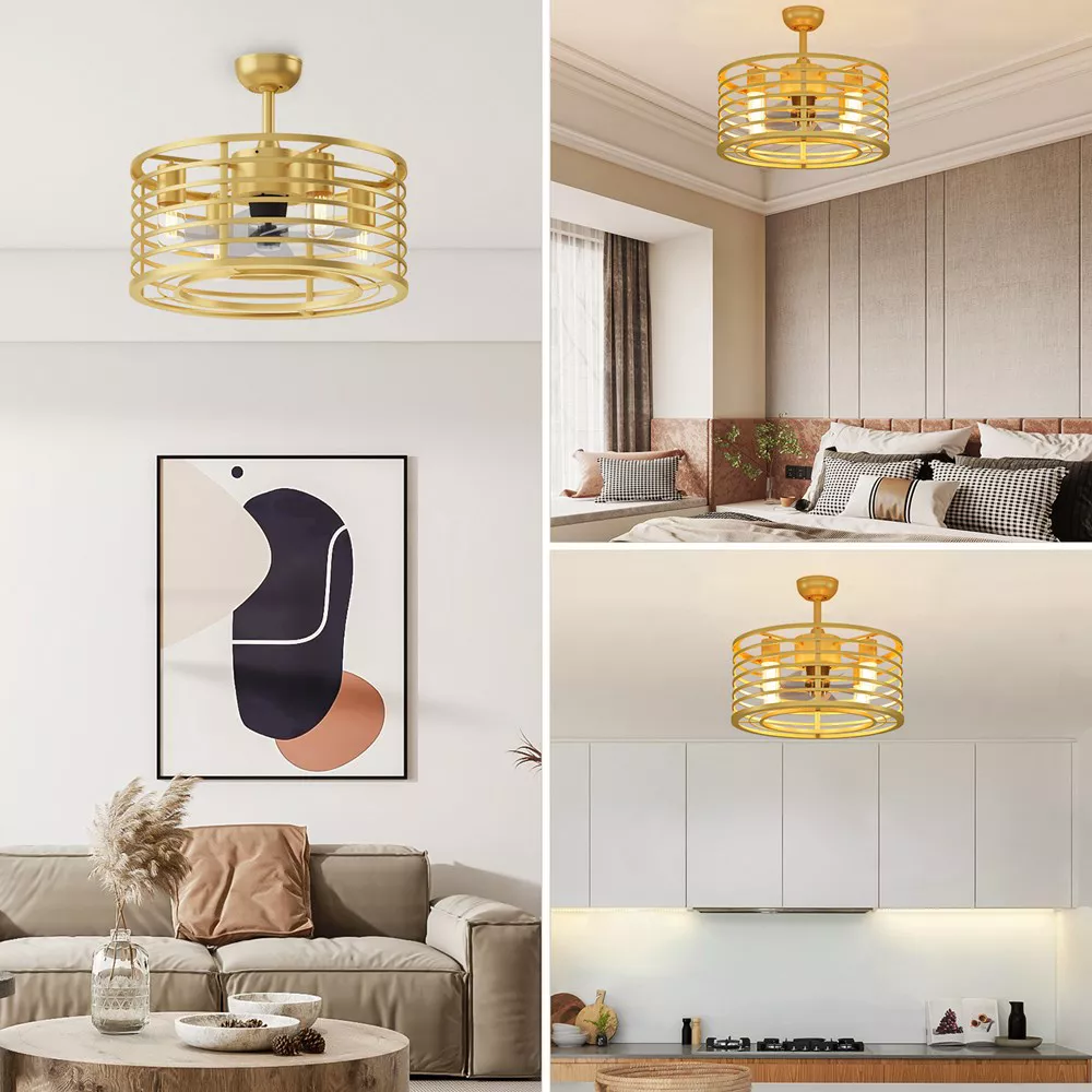 Garvee 18in Caged Ceiling Fan With Light, Ceiling Fan Low Profile th Remote Control and Reversible Fan Blades, Industrial Farmhouse Fan Lights Ceiling Fixtures For Kitchen Bedroom, Gold