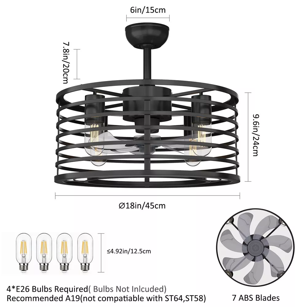 Garvee 18in Black Caged Ceiling Fan With Light, Ceiling Fan Low Profile th Remote Control and Reversible Fan Blades, Industrial Farmhouse Fan Lights Ceiling Fixtures For Kitchen Bedroom, Black