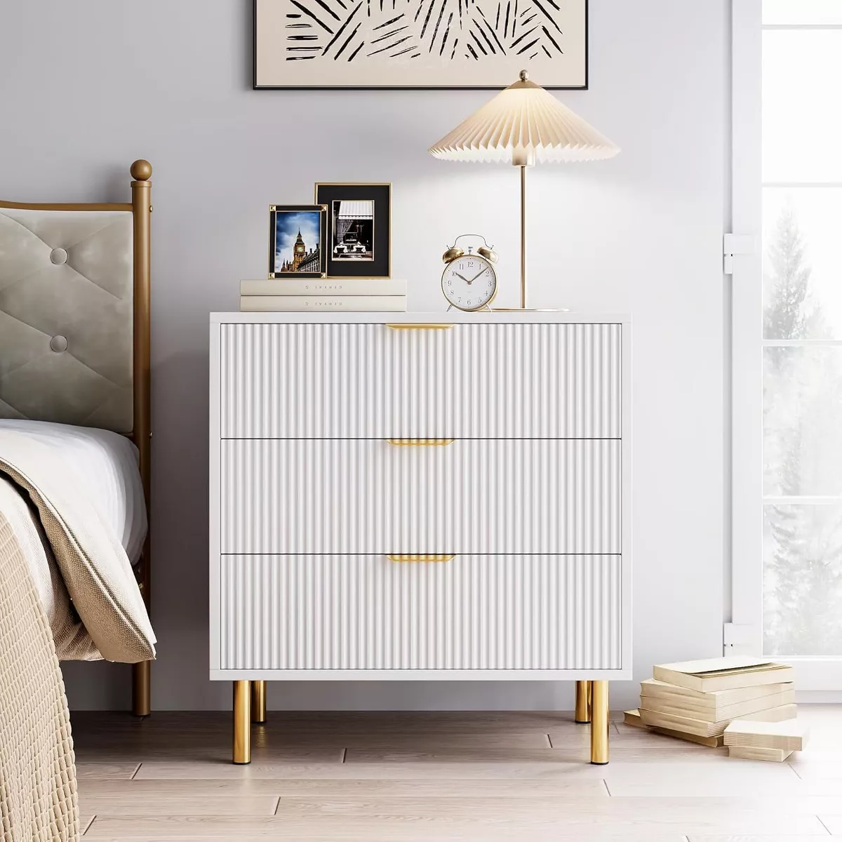 Garvee 3 Drawer Dresser for Bedroom – Modern Wood Storage Chest with Gold Metal Handles, Anti-Tipping Design, Large Nightstand Organizer for Entryway, Hallway, Living Room –White