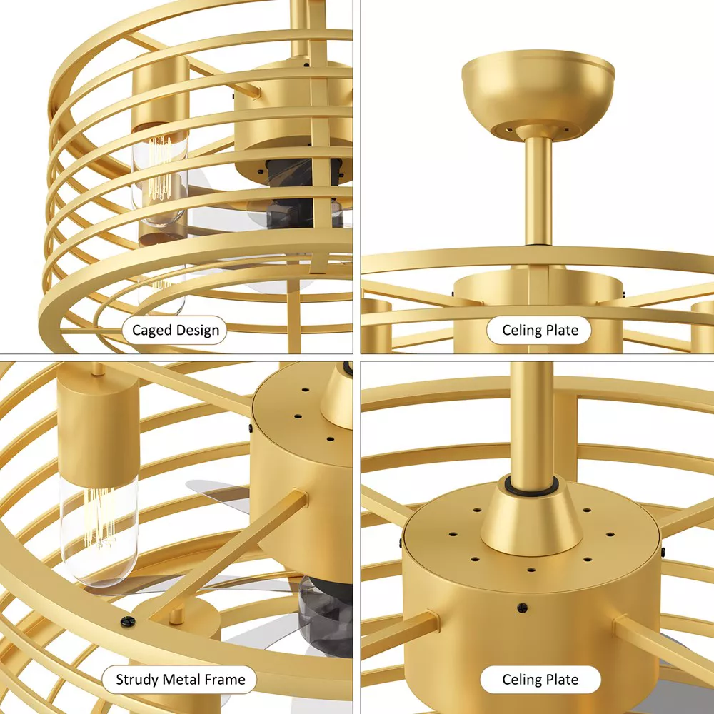 Garvee 18in Caged Ceiling Fan With Light, Ceiling Fan Low Profile th Remote Control and Reversible Fan Blades, Industrial Farmhouse Fan Lights Ceiling Fixtures For Kitchen Bedroom, Gold
