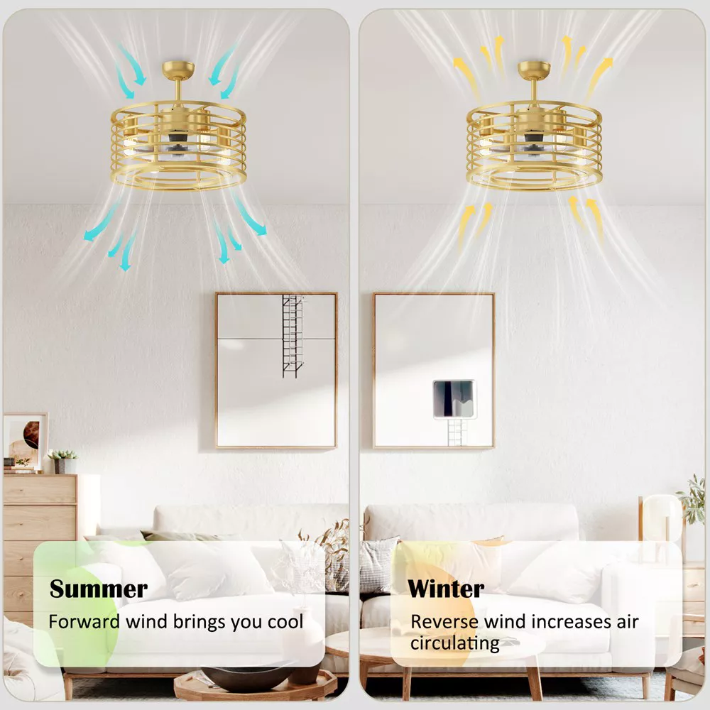 Garvee 18in Caged Ceiling Fan With Light, Ceiling Fan Low Profile th Remote Control and Reversible Fan Blades, Industrial Farmhouse Fan Lights Ceiling Fixtures For Kitchen Bedroom, Gold