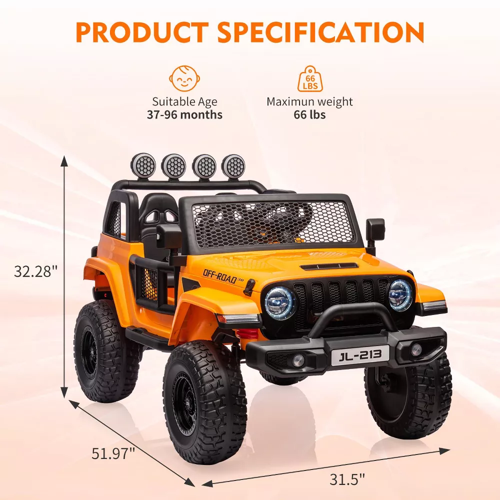 Garvee Ride - P Series: 24V 7AH Kids Ride on Truck Car 2 Seater Electric Vehicles for Toddles 2WD/4WD Switchable Battery Powered Cars with Remote Control, 4-Wheeler Suspension, LED Lights, MP3, Back Storage - Orange
