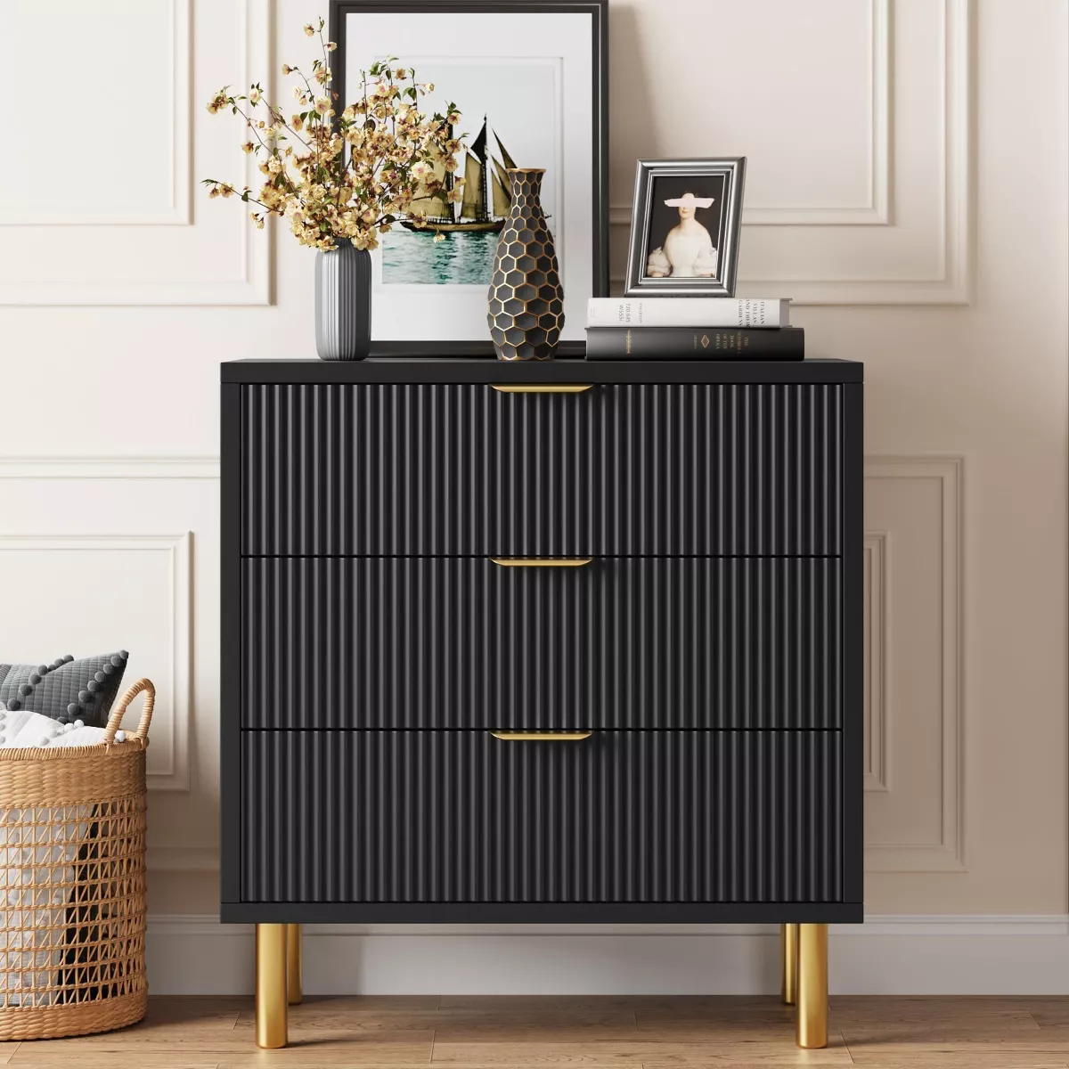 Garvee 3 Drawer Dresser for Bedroom – Modern Wood Storage Chest with Gold Metal Handles, Anti-Tipping Design, Large Nightstand Organizer for Entryway, Hallway, Living Room – Black