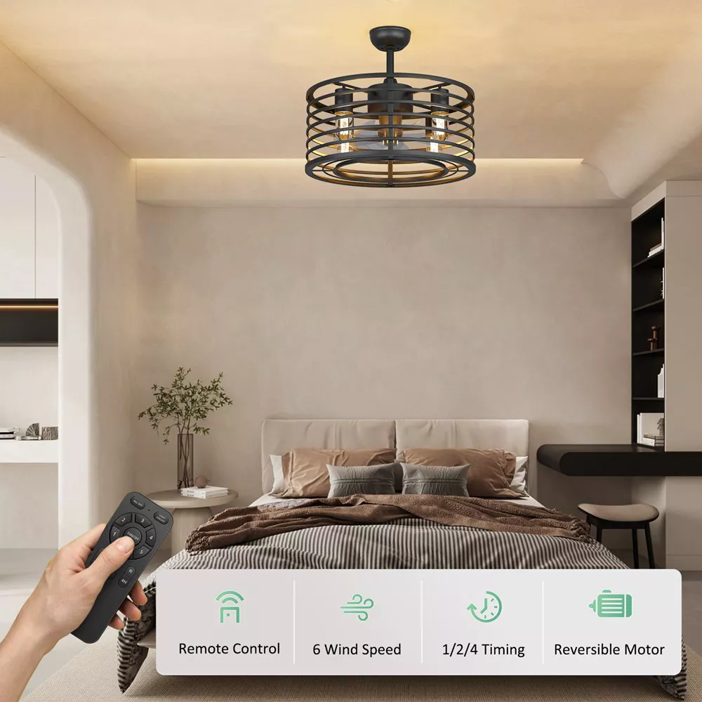 Garvee 18in Black Caged Ceiling Fan With Light, Ceiling Fan Low Profile th Remote Control and Reversible Fan Blades, Industrial Farmhouse Fan Lights Ceiling Fixtures For Kitchen Bedroom, Black