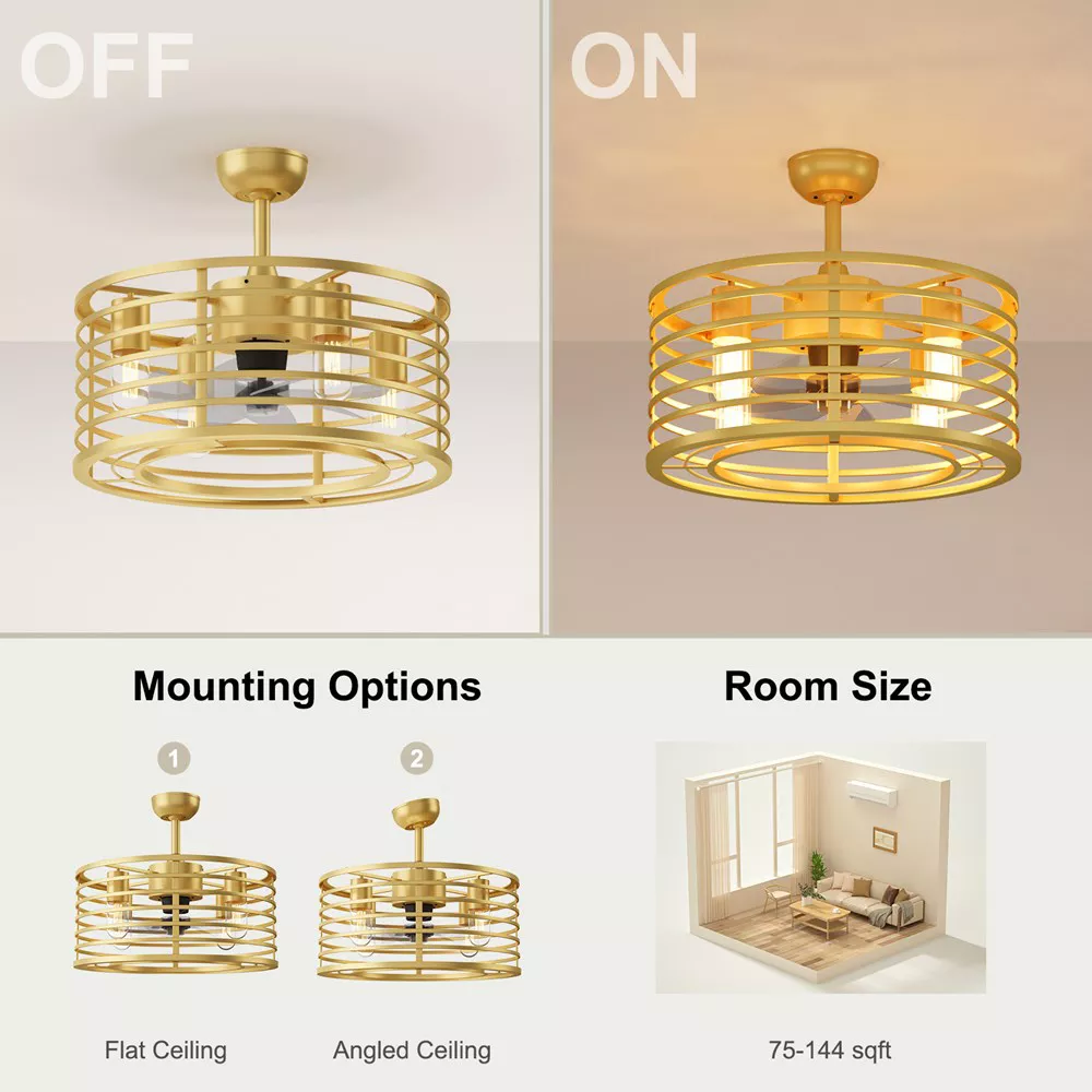 Garvee 18in Caged Ceiling Fan With Light, Ceiling Fan Low Profile th Remote Control and Reversible Fan Blades, Industrial Farmhouse Fan Lights Ceiling Fixtures For Kitchen Bedroom, Gold