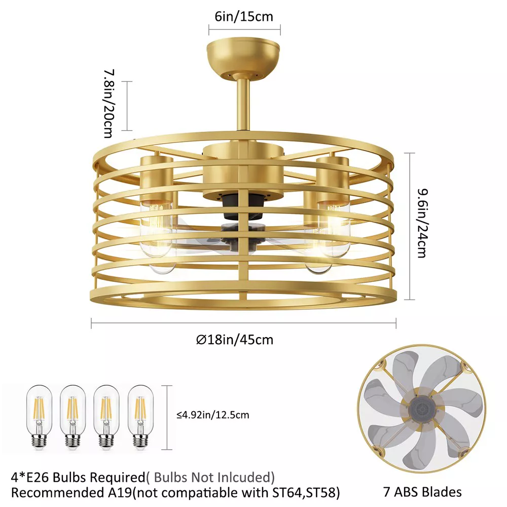 Garvee 18in Caged Ceiling Fan With Light, Ceiling Fan Low Profile th Remote Control and Reversible Fan Blades, Industrial Farmhouse Fan Lights Ceiling Fixtures For Kitchen Bedroom, Gold