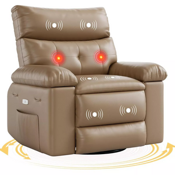 Garvee 22" Widen Recliner Chair for Adults, PU Leather Electric Rocker Recliner, 360 Degree Swivel Lounge Chair with Side Pocket, Modern Massage Recliner Chair Sofa for Living Room, Bedroom, Tan
