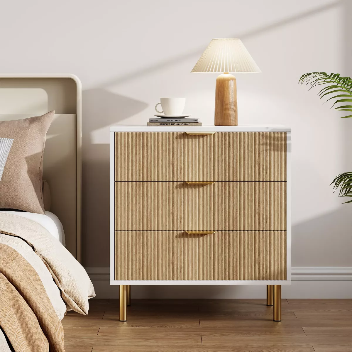 Garvee Fluted Dresser with 3 Drawers, Modern Chest of Drawers with Curved Profile Design, Wood Drawer Organizer for Bedroom, Living Room, Hallway, Natural Oak