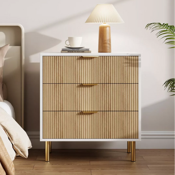 Garvee Modern 3 Drawer Dresser for Bedroom with Gold Handle and Large Drawer, Wood Double Chest of Drawers and Storage Organizer for Living Room, Hallway, Entryway, Natural Oak&White