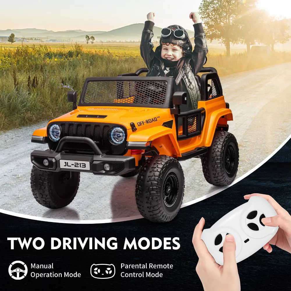 Garvee Ride - P Series: 24V 7AH Kids Ride on Truck Car 2 Seater Electric Vehicles for Toddles 2WD/4WD Switchable Battery Powered Cars with Remote Control, 4-Wheeler Suspension, LED Lights, MP3, Back Storage - Orange