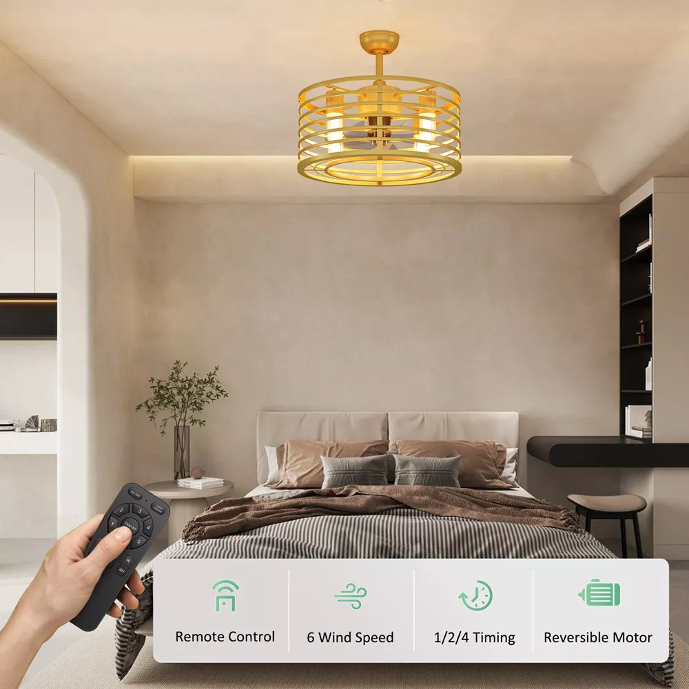 Garvee 18in Caged Ceiling Fan With Light, Ceiling Fan Low Profile th Remote Control and Reversible Fan Blades, Industrial Farmhouse Fan Lights Ceiling Fixtures For Kitchen Bedroom, Gold