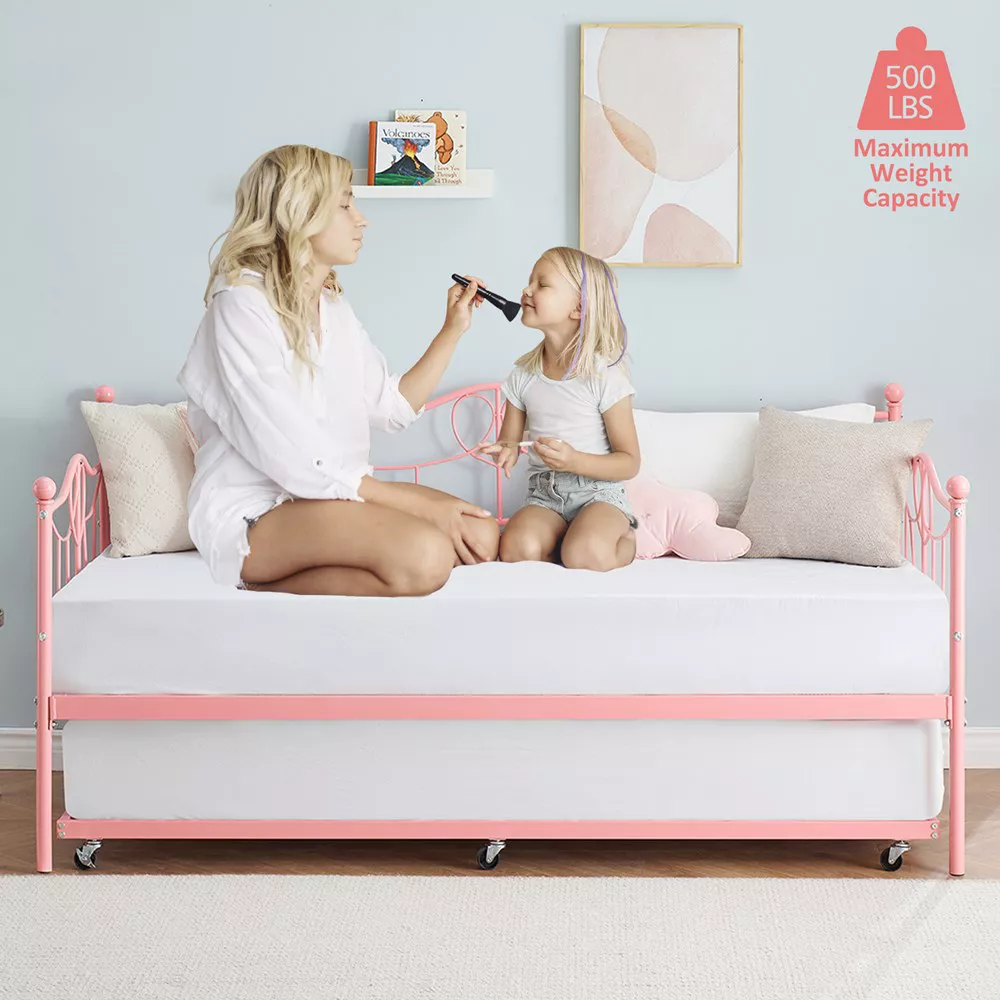 Garvee Twin Daybed with Trundle, Metal Day Beds Twin Size, Sofa Bed for Living Room and Guest Room, Pink