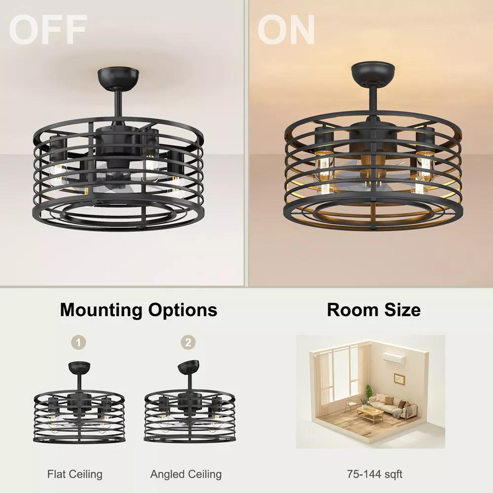 Garvee 18in Black Caged Ceiling Fan With Light, Ceiling Fan Low Profile th Remote Control and Reversible Fan Blades, Industrial Farmhouse Fan Lights Ceiling Fixtures For Kitchen Bedroom, Black