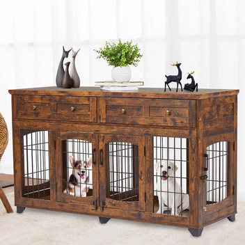 Garvee Dog Crate Furniture with 5 Doors, 58" Wooden Dog Kennel Cage End Table with Large Capacity Drawers, Dog House with Openable Divider for Dogs(Brown)