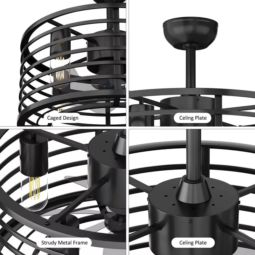 Garvee 18in Black Caged Ceiling Fan With Light, Ceiling Fan Low Profile th Remote Control and Reversible Fan Blades, Industrial Farmhouse Fan Lights Ceiling Fixtures For Kitchen Bedroom, Black