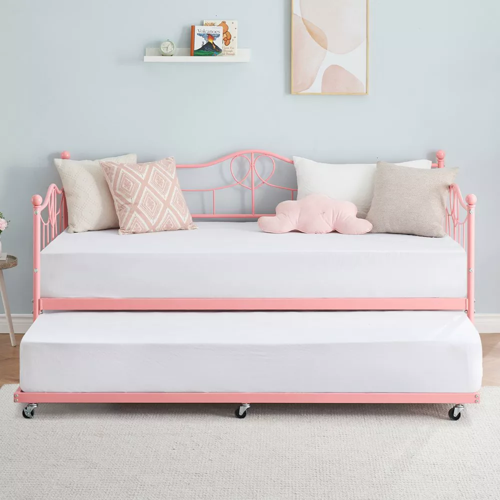 Garvee Twin Daybed with Trundle, Metal Day Beds Twin Size, Sofa Bed for Living Room and Guest Room, Pink