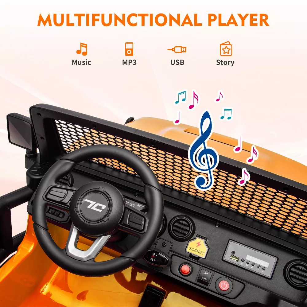 Garvee Ride - P Series: 24V 7AH Kids Ride on Truck Car 2 Seater Electric Vehicles for Toddles 2WD/4WD Switchable Battery Powered Cars with Remote Control, 4-Wheeler Suspension, LED Lights, MP3, Back Storage - Orange