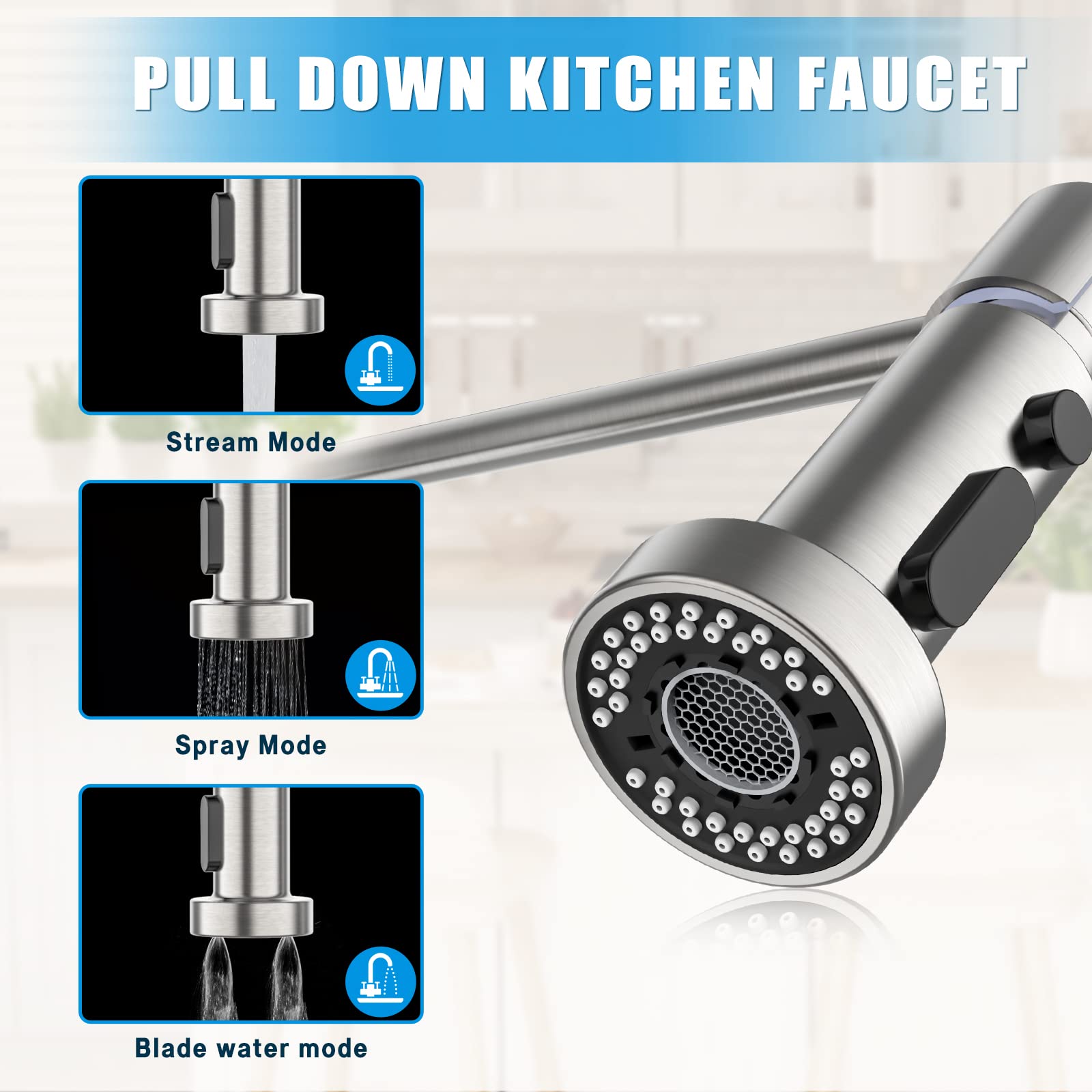 Pull Down Sprayer Kitchen Faucet, Brushed Nickel, Aquablade