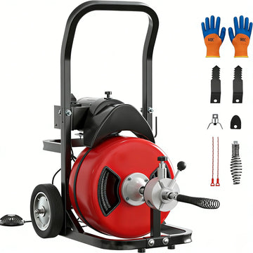 Garvee Drain Cleaner Machine - 75FT x 1/2 Inch Steel Core Cable, 370W Portable Electric Sewer Auger with Cutters, Air-Activated Foot Switch, and Wheels for Commercial and Home Use