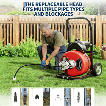 Garvee Drain Cleaner Machine - 75FT x 1/2 Inch Steel Core Cable, 370W Portable Electric Sewer Auger with Cutters, Air-Activated Foot Switch, and Wheels for Commercial and Home Use