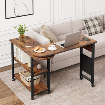 Garvee 360° Rotating End Table with Charging Station, 3-Tier Storage, Side Pocket & 6 Locking Wheels, Convertible Sofa and Console Table