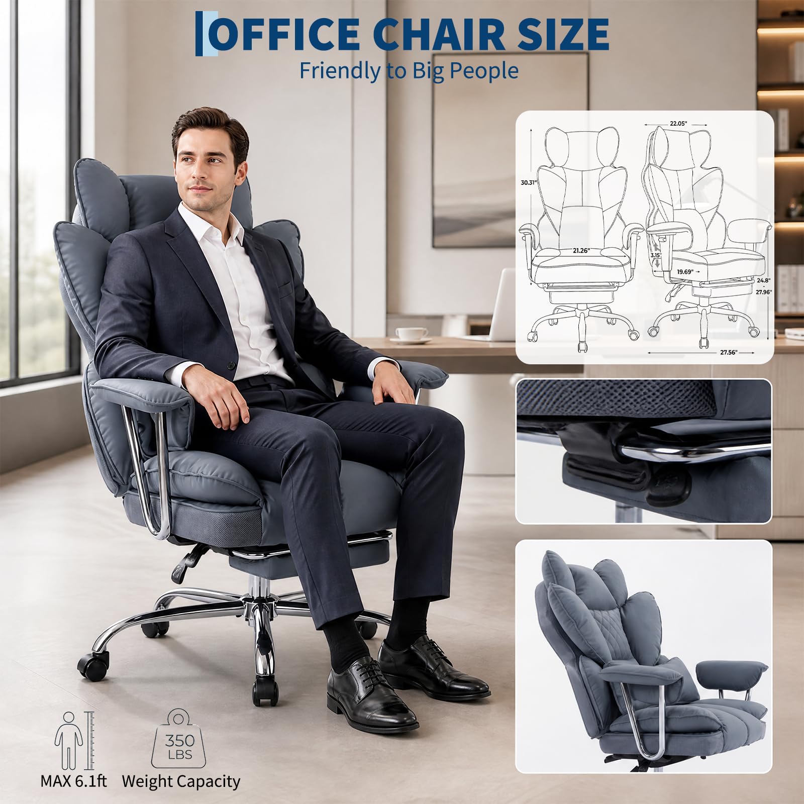 Garvee Big and Tall Ergonomic Office Chair – 350lbs Heavy Duty Recline, High Back Pocket Spring Cushion, Adjustable Armrests, Footrest, Lumbar Support, PU Leather – Executive Chair – Gray
