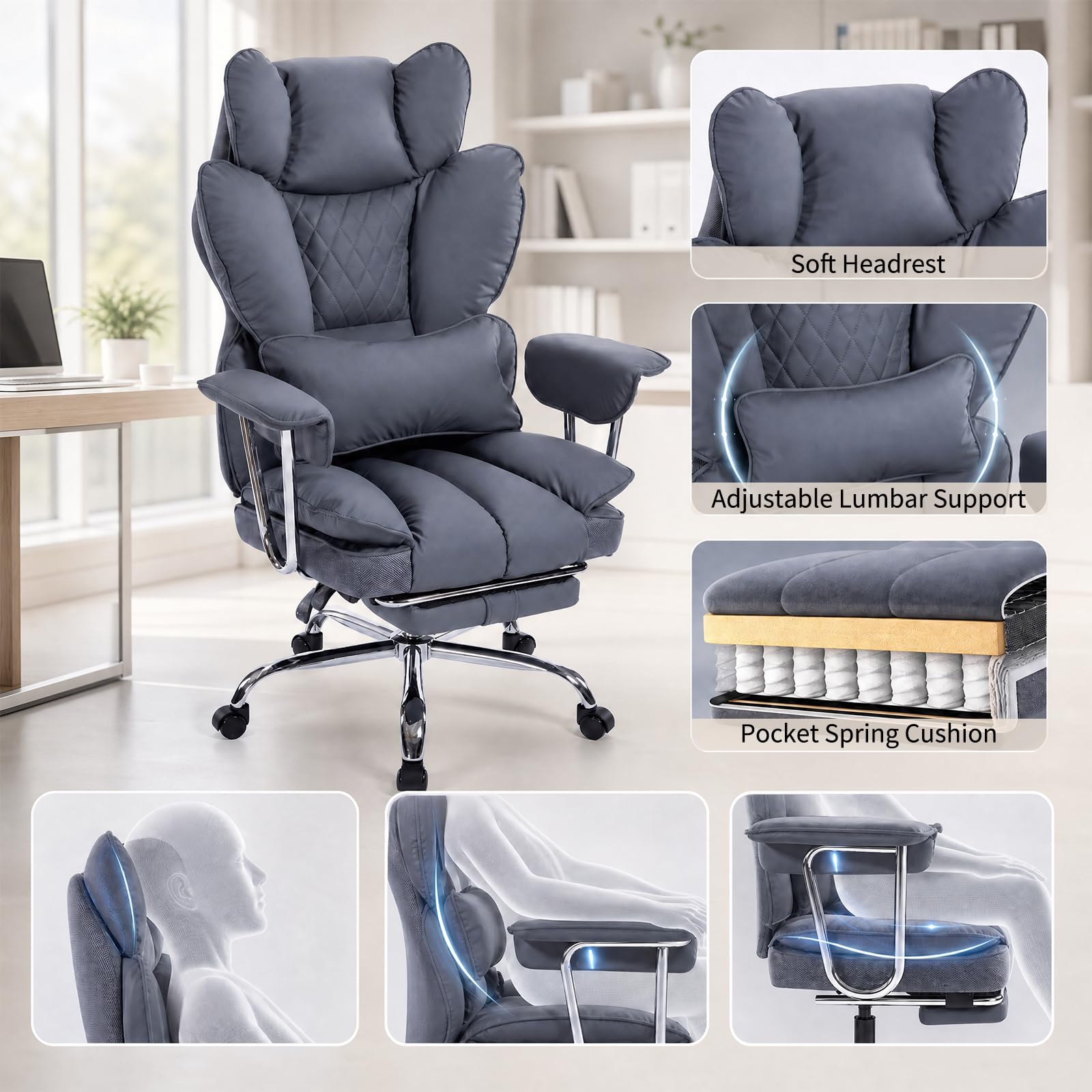 Garvee Big and Tall Ergonomic Office Chair – 350lbs Heavy Duty Recline, High Back Pocket Spring Cushion, Adjustable Armrests, Footrest, Lumbar Support, PU Leather – Executive Chair – Gray