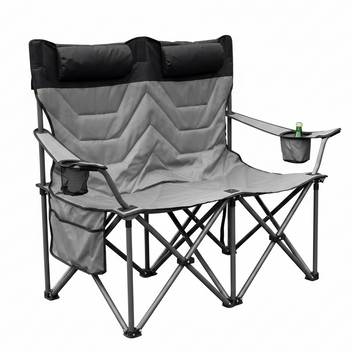 Gray and black folding chair with cup holders and bottle holder