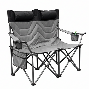 Gray and black folding chair with cup holders and bottle holder