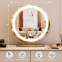 Garvee 19" Vanity Mirror with Led Lights, Large Round HD Makeup Mirror with Touch Control and 3 Color Lighting Modes, 360° Rotating Vanity Mirror for Bedroom, Table Top, Easy to Install, Gold