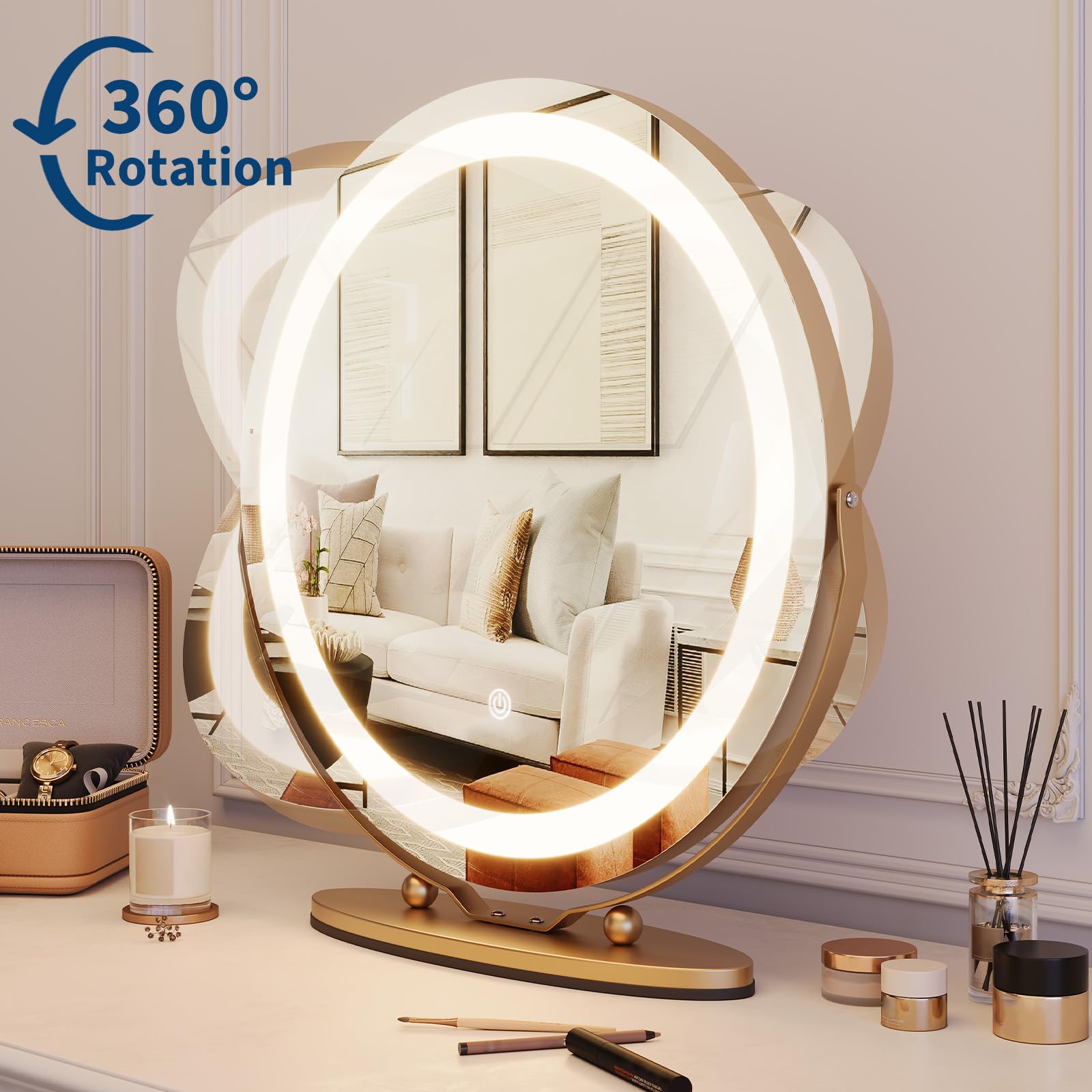 Garvee 19" Vanity Mirror with Led Lights, Large Round HD Makeup Mirror with Touch Control and 3 Color Lighting Modes, 360° Rotating Vanity Mirror for Bedroom, Table Top, Easy to Install, Gold