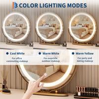 Garvee 19" Vanity Mirror with Led Lights, Large Round HD Makeup Mirror with Touch Control and 3 Color Lighting Modes, 360° Rotating Vanity Mirror for Bedroom, Table Top, Easy to Install, Gold