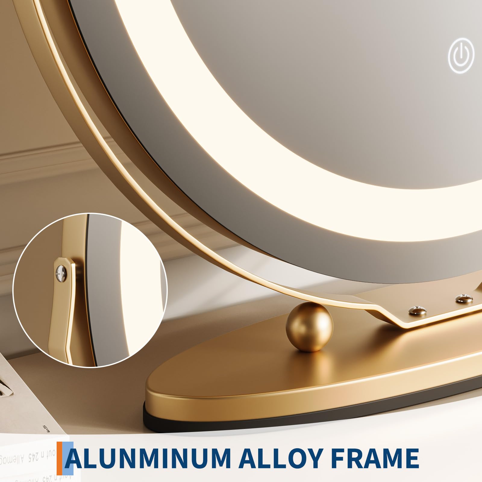 Garvee 19" Vanity Mirror with Led Lights, Large Round HD Makeup Mirror with Touch Control and 3 Color Lighting Modes, 360° Rotating Vanity Mirror for Bedroom, Table Top, Easy to Install, Gold