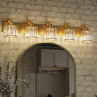 Garvee Modern Crystal Vanity Lights - Gold Bathroom Light Fixtures, Crystal Vanity Shower Lights Over Mirror, 5 Lights