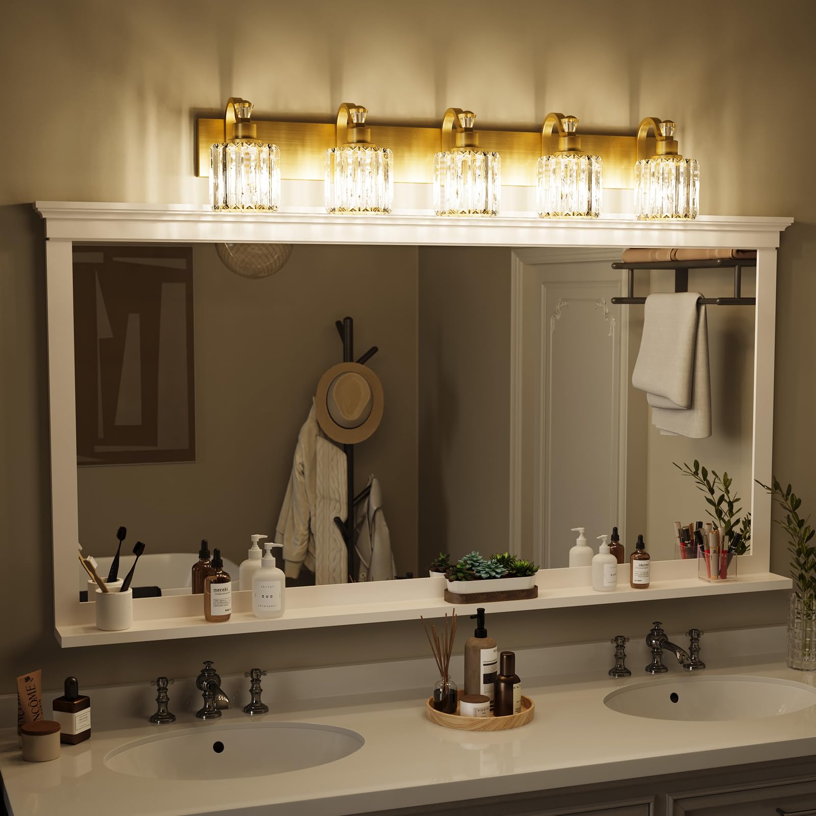 Garvee Modern Crystal Vanity Lights - Gold Bathroom Light Fixtures, Crystal Vanity Shower Lights Over Mirror, 5 Lights