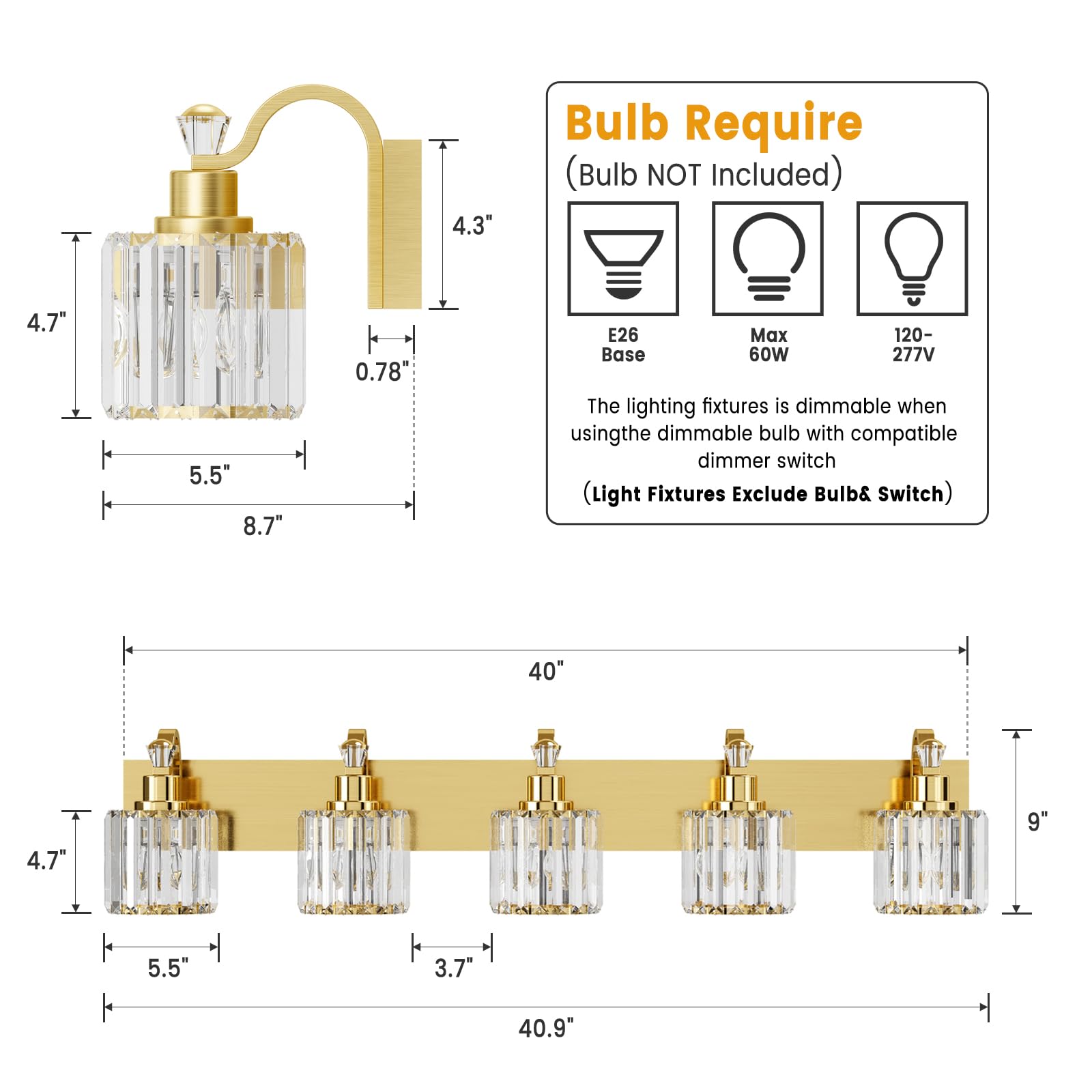 Garvee Modern Crystal Vanity Lights - Gold Bathroom Light Fixtures, Crystal Vanity Shower Lights Over Mirror, 5 Lights