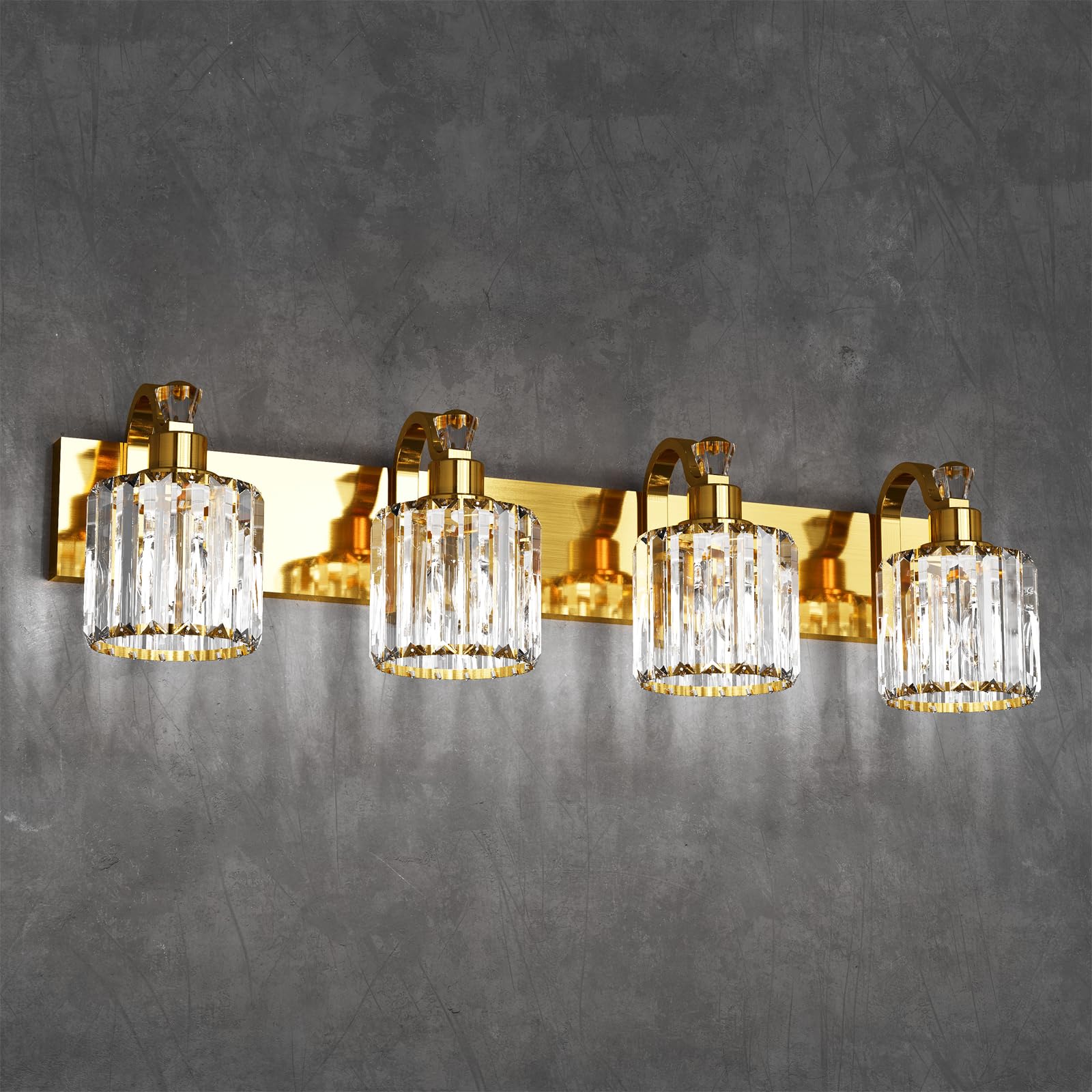 Garvee Gold Modern Crystal Bathroom Vanity Lamp, Mirror Top Light with Crystal Shade, Shower Light Fixture for Bathroom, Bedroom, and Indoor Lighting Decor, 4 Lights