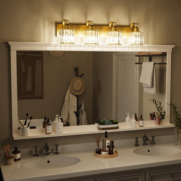 Garvee Gold Modern Crystal Bathroom Vanity Lamp, Mirror Top Light with Crystal Shade, Shower Light Fixture for Bathroom, Bedroom, and Indoor Lighting Decor, 4 Lights