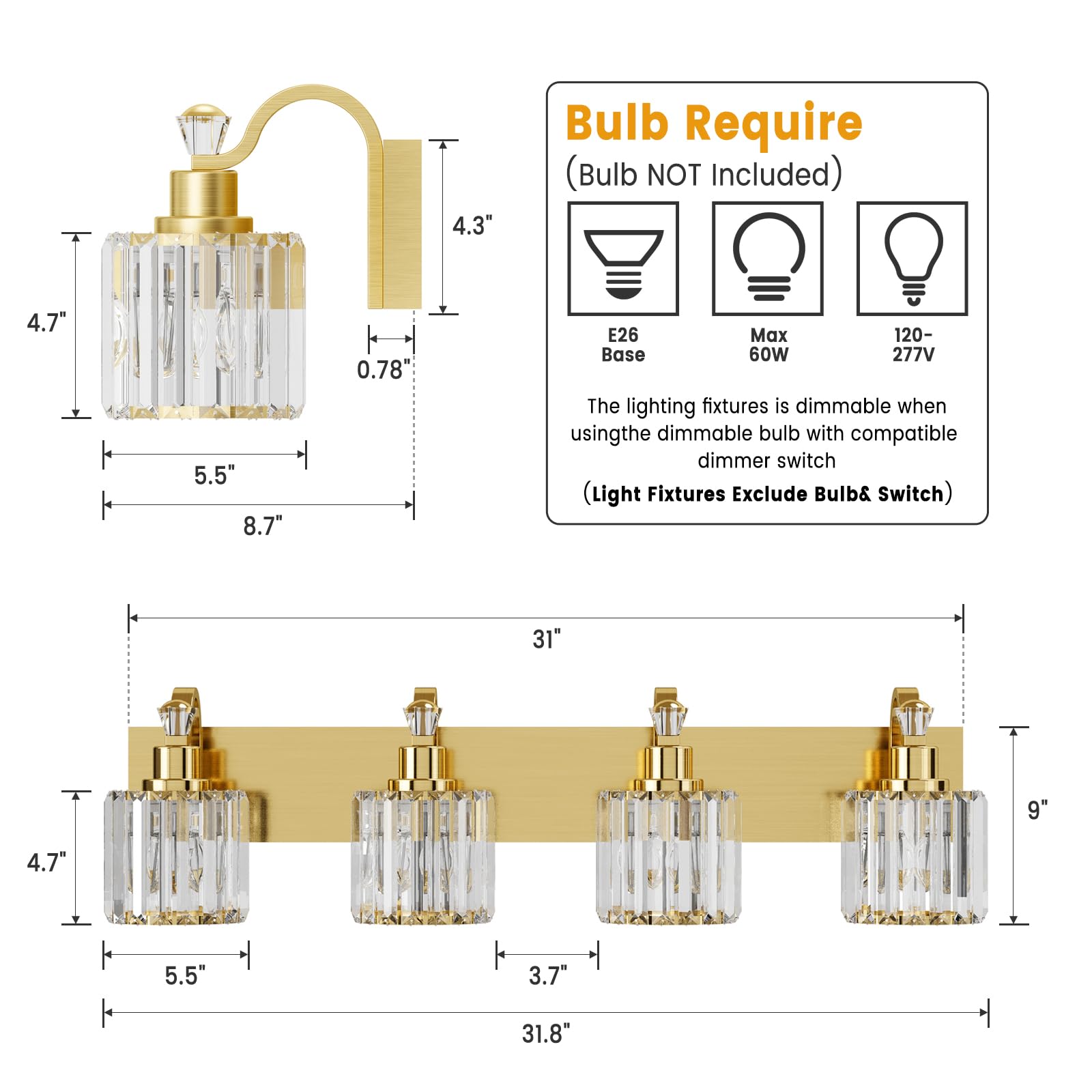 Garvee Gold Modern Crystal Bathroom Vanity Lamp, Mirror Top Light with Crystal Shade, Shower Light Fixture for Bathroom, Bedroom, and Indoor Lighting Decor, 4 Lights