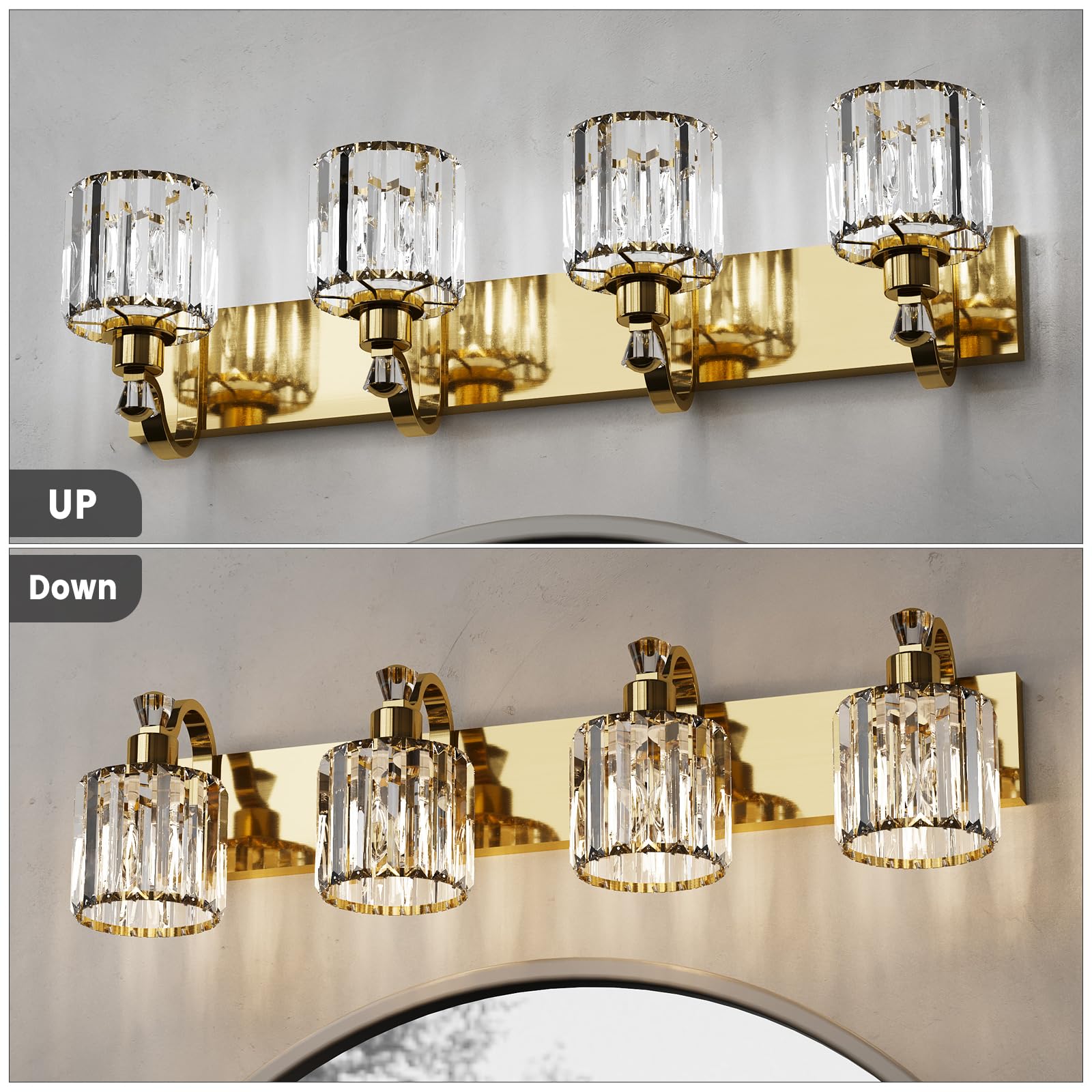 Garvee Gold Modern Crystal Bathroom Vanity Lamp, Mirror Top Light with Crystal Shade, Shower Light Fixture for Bathroom, Bedroom, and Indoor Lighting Decor, 4 Lights
