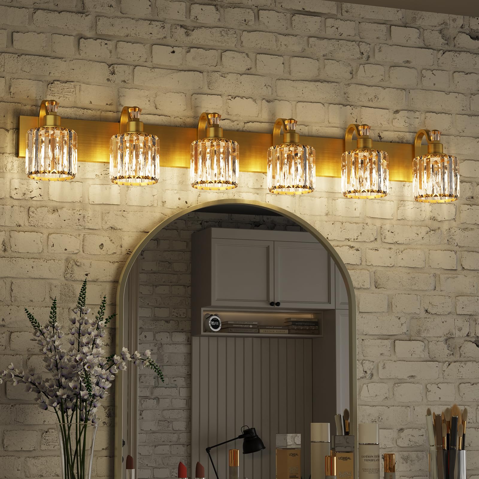 Garvee Modern Crystal Vanity Lights Gold Light Fixtures Over Mirror, Glass Crystal Lighting for Bathroom Shower