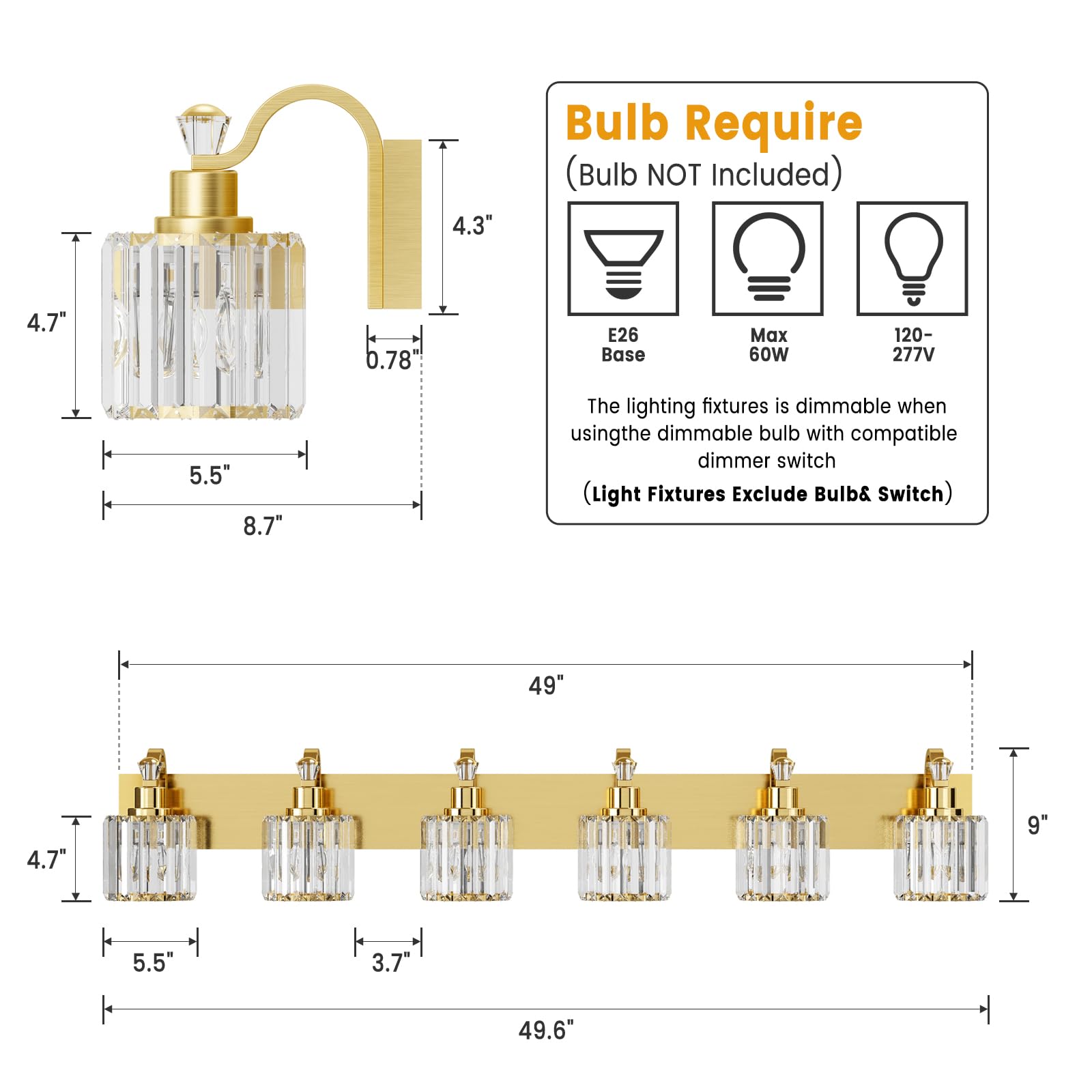 Garvee Modern Crystal Vanity Lights Gold Light Fixtures Over Mirror, Glass Crystal Lighting for Bathroom Shower