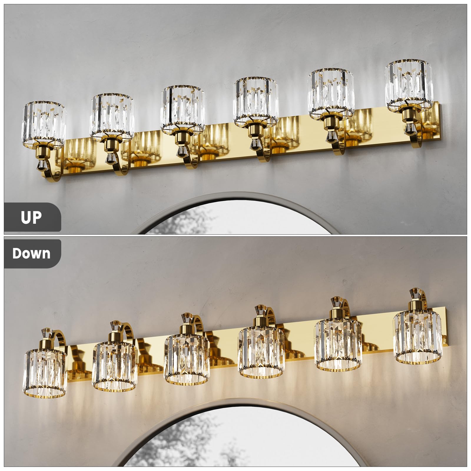 Garvee Modern Crystal Vanity Lights Gold Light Fixtures Over Mirror, Glass Crystal Lighting for Bathroom Shower