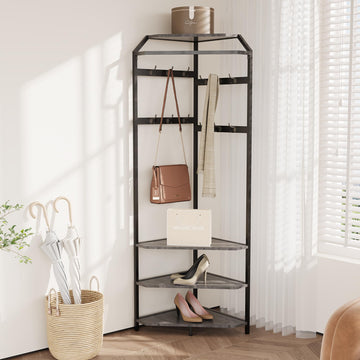 Garvee Corner Hall Tree with Hanging Clothes Rod, Corner Coat Rack - 12 Hooks Corner Clothes Rack with Storage Rack