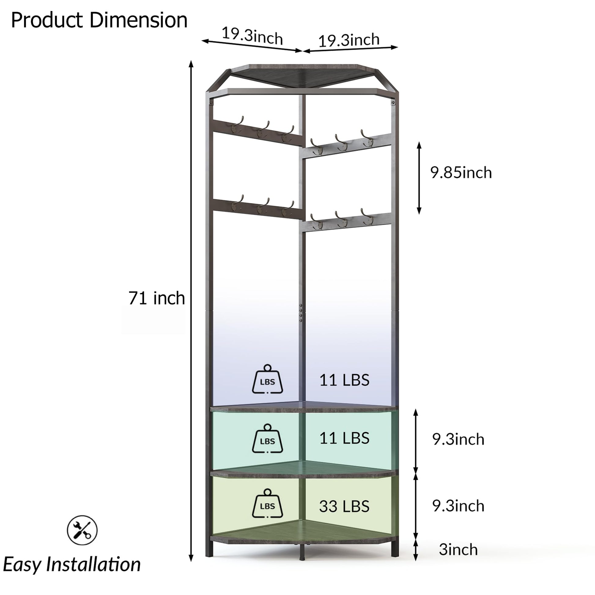 Garvee Corner Hall Tree with Hanging Clothes Rod, Corner Coat Rack - 12 Hooks Corner Clothes Rack with Storage Rack