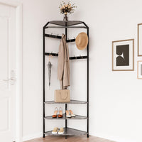 Garvee Corner Hall Tree with Hanging Clothes Rod, Corner Coat Rack - 12 Hooks Corner Clothes Rack with Storage Rack