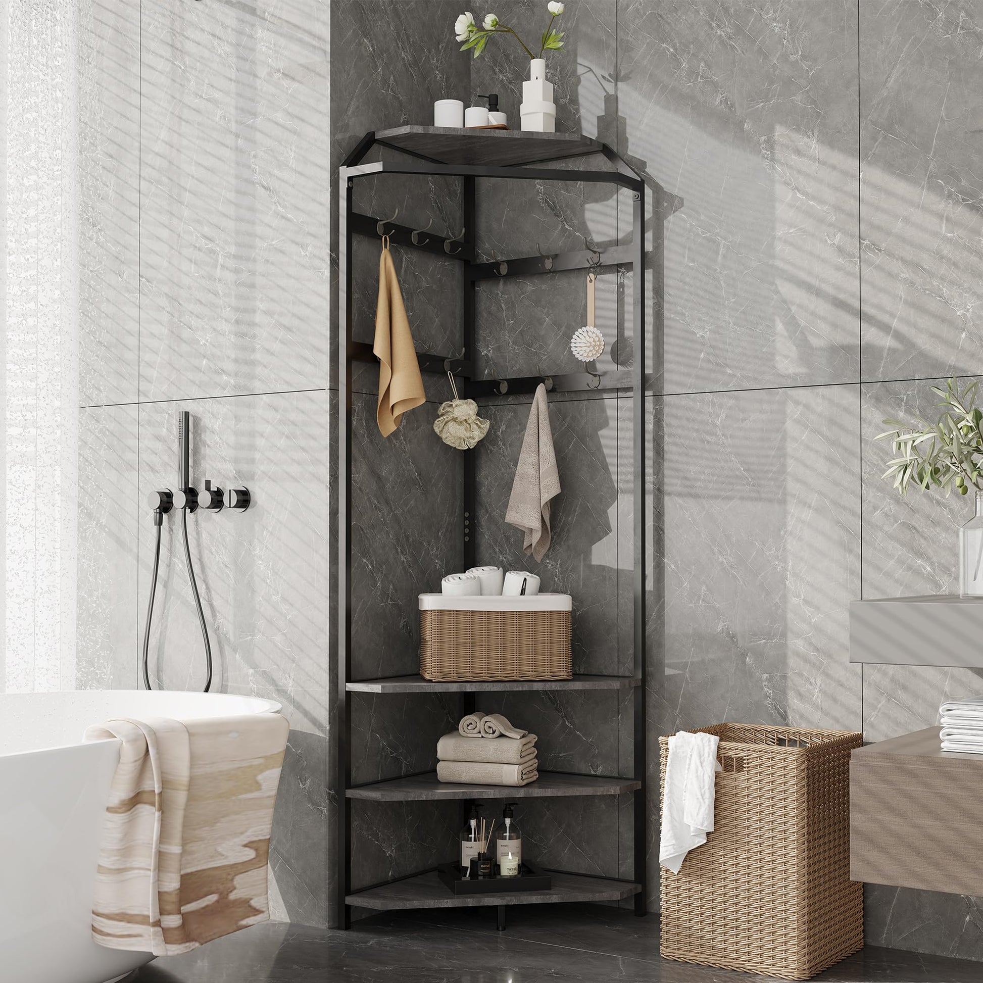 Garvee Corner Hall Tree with Hanging Clothes Rod, Corner Coat Rack - 12 Hooks Corner Clothes Rack with Storage Rack