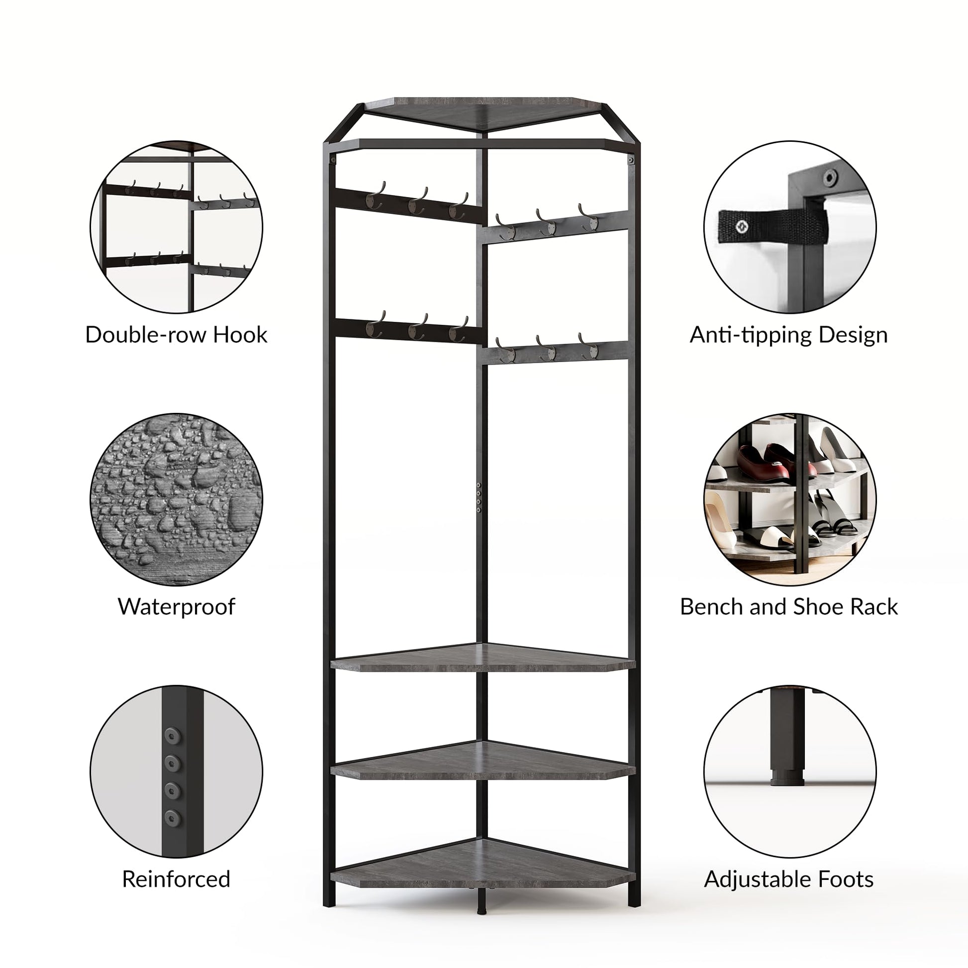 Garvee Corner Hall Tree with Hanging Clothes Rod, Corner Coat Rack - 12 Hooks Corner Clothes Rack with Storage Rack